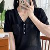2026 Nuevo Estilo Francés Cuello en V Crochet Botones Color Sólido Manga Corta Holgado Casual para Viajar Top Fino de Punto para Mujer
