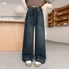 Calça Jeans Azul-Cinza Vintage para Meninas 2026 Outono Novo Estilo Calça de Pernas Largas com Detalhes em Formato de Coração na Barra Calça Longa de Corte Reto