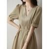 Vestido de Acetato Inspirado en el Diseño 2026 Verano Nuevo para Mujer Cuello en V Mangas Abullonadas + Corbata Vestido de Longitud Media