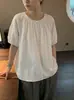 Camisa de Verano Estilo Bosque Artístico Holgada con Pliegues Cuello Redondo Ligera Versátil Top Holgado con Mangas Abullonadas Mujer ZIF