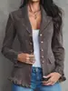 Blazer casual retro de otoño e invierno con solapa, botones metálicos de bronce antiguo, ribete de volantes, corte ajustado, chaqueta corta adelgazante para mujer