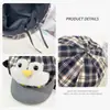 Boina de Dibujos Animados de Pingüino Linda y Dulce Estilo Japonés para Mujer, Sombrero Octogonal a Cuadros Versátil para Sombrear, Gorra de Pico para Primavera y Otoño