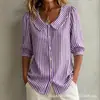 Camisa de verão listrada feminina, estilo novo, de manga média, corte solto, casual, para o dia a dia, transfronteiriça europeia e americana da Amazon
