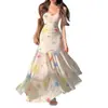Vestido de Suspensório Color Block Tie-Dye com Patchwork de Renda Estilo Resort para Mulheres, Longo Bodycon Plissado sem Costas para o Verão