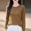 Camada base de malha de lã com gola redonda feminina, simples, de manga longa, elegante, casual, versátil, novo estilo outono/inverno, top pulôver de caimento solto