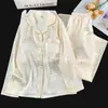 Estilo Chino Estilo Antiguo Bata Acolchada para Mujer Seda de Hielo Elegante Manga Larga Pantalón Largo Primavera Otoño Seda de Hielo Nieve Conjunto de Ropa para el Hogar