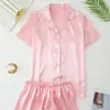 Comercio Exterior Transfronterizo Ropa de Casa para Mujer Traje Verano Nuevo Cárdigan de Solapa Mangas Cortas Pantalones Cortos Pijama Rosa Suministro al por Mayor