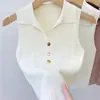 Colete de Malha Gola Polo Fino Slim-Fit Sem Mangas para Mulheres, Primavera, Verão e Outono, Tecido Ice Silk