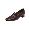 Mocasines de piel de oveja ajustados de estilo francés con punta cuadrada, colección otoño 2026, tacón medio grueso, zapatos de cuero para el trabajo, zapatos de mujer de cuero genuino
