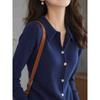 2026 Cárdigan de Punto Azul Chaqueta de Manga Larga para Mujer Casual Versátil Estilo Perezoso Cuello Polo Suéter Adelgazante Superior