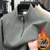 2025 Novo Outono e Inverno Tops Masculinos de Gola Alta com Meio Zíper e Manga Comprida Camisetas Básicas Forradas com Lã Moletons Masculinos Transfronteiriços