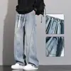 Calça jeans masculina para primavera e outono, calça reta solta, calça wide leg retrô americana, calça longa desconstruída juvenil com cintura elástica