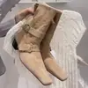 Versão em Couro Bota Cowboy Ocidental Estilo Coreano Nicho Botas Curtas Salto Grosso Bico Quadrado Pequeno Fivela de Cinto de Couro Cruzada Botas Emagrecedoras