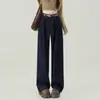 Jeans Cinza Cimento Wide Leg Feminino Nova Coleção Início Primavera 2025 Cintura Alta Cobre o Quadril Para Tipo de Corpo Pera Calças de Chão Camadas Estreitas