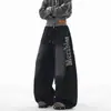 Calça Jogger Casual Wide-Leg Retro Americana 2025 Lavada Hip-Hop com Barra Curva Estampa de Letras Jazz Desgastada