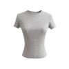 Camiseta de manga corta ajustada con cuello redondo, estilo retro europeo y americano, básica, versátil, elástica, ajustada, de color liso, para mujer.