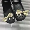 Novos Sapatilhas de Ballet com Perfurados Estilo Francês, Laço, Fivela Decorada com Strass, Acessórios para Sapatos Mary Jane de Bolinhas