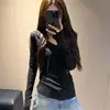 220 algodón, 46 algodón, 46 lyocell, 8 spandex: Camiseta de manga larga con cuello en V, capa interior para mujer de primavera/otoño, top base
