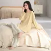 Pijama de algodón puro para mujer, estilo primavera y otoño, manga larga, pantalón largo, cuello redondo, talla grande, dulce y lindo, adecuado para usar en casa y al aire libre