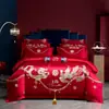 100% algodón puro, algodón de fibra larga, juego de ropa de cama bordada de cuatro piezas para boda, juego de siete piezas para la habitación de la novia, incluyendo relleno de edredón y relleno de almohada, ropa de cama para bodas
