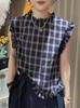 Camisa Delgada sin Mangas con Volantes Bloque de Color Cuadros Estilo Europeo 2025 Verano Versión de Hong Kong Top Retro Único Adelgazante