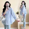 Vestido de Maternidad Primavera 2025 Pequeño Fresco Mangas de Burbuja Holgado Elegante Camisa para Mujeres Embarazadas para Lactancia