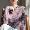 Nueva Camiseta de Punto Fina de Manga Larga con Estampado Tie-Dye de Tinta Redonda de Lyocell Tencel para Primavera y Verano Top para Mujer