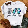 Blusas para Mujer Transfronterizas Patas de Animal Corazón Envío Directo Letras Moda Retro Camiseta para Mujer Mangas Cortas para Mujer