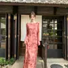 Vestido con estampado floral en tinta rosada para mujer, de manga larga, con drapeado, falda larga recta, estilo chino suave, vestido adelgazante