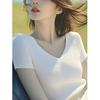 Elegante Versátil Bonita Azul Tricô Gola V Manga Curta Camiseta Feminina Verão Super Bonita Simples Camisa