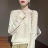 Suéter de Tricô com Gola de Babados Pesadamente Bordada Estilo Europeu para Mulheres com Design Vazado, Camiseta Básica de Nicho, Blusa Solta da Moda