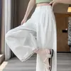 Pantalones cropped de pierna ancha con ribete de encaje para mujer, nuevo estilo 2026, holgados y ligeros, adecuados para figuras petite, pantalones casuales protectores del sol en gris