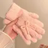 Luvas de Pelúcia Tricotadas Azuis Fofas Coreanas com Laço para Mulheres no Inverno Forradas com Fleece para Heattech e à Prova de Frio com Dedos Peludos