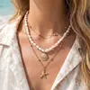 Collar de perlas artificiales transfronterizo europeo y americano más vendido, diseño vintage de estrella de mar y concha, collar de cadena multicapa