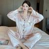Pijamas femininos primavera e outono gelo seda manga longa rosa leopardo letra v alto sentido seda casa roupas terno atacado