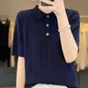Top Casual de Manga Corta para Mujer, Tejido de Lyocell, Cuello Polo, Botones, Holgado, Adelgazante, Color Sólido Simple