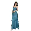 Vestido Azul Sereia Longo com Bojos e Alças para Cerimônia de Debutante, Festa de Aniversário e Noite das Meninas