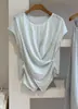 Camiseta Feminina Branca Semitransparente com Botões, Gola Redonda, Manga Curta, Design de Verão, Corte Justo, Transfronteiriço
