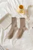 Calcetines Grises para Mujer, Calcetines de Encaje Finos de Verano hasta la Pantorrilla, Calcetines Largos de Algodón Puro con Volantes, Adecuados para Zapatos Birkenstock, Calcetines Holgados de Primavera y Otoño