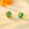 Pendientes de Plata S925 Chapados en Oro con Esmeralda Africana Cuadrada para Mujer, Pendientes de Moda de Lujo Ligero de Nicho de Gama Alta