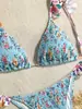Nuevo Bikini Floral Plisado de Estilo Campestre Talla Grande con Escote Halter y Volantes en los Tirantes Traje de Baño de Dos Piezas para Vacaciones en la Playa Mujeres