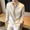 Camisa de Lino Texturizado de Manga Larga para Hombre Nueva de Verano 2026, Estilo de Oficina de Gama Alta, Camisa Ligera y Transpirable con Cuello mao
