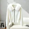2026 Estilo Pequeño Chanel Cuello de Piel Moda Grueso Tejido de Canalé Abrigo Cardigan para Mujer Casual Versátil Abrigo Suéter para Mujer