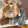 Conjunto de tres piezas de cárdigan de punto bordado versátil japonés para niños, conjunto de primavera, pantalones vaqueros para niños