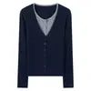 Cardigã de tricô torcido transfronteiriço estilo vintage chique, duas peças falsas emendadas, estilo feminino básico e elegante para primavera e outono, com um toque casual e estiloso