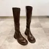Botas Nuevas de Caña Alta Marrón Oscuro Otoño/Invierno 2026 Botas para Mujer de Tacón Alto Grueso Color Caqui Punta Redonda Estilo Motero