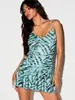 Vestido camisola de malla estampado popular transfronterizo europeo y americano, femenino, entallado en la cintura, con volantes, vestido corto estilo vacacional