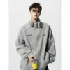 Camisa Polo Bordada de Marca Trendy Americana para Hombre Otoño High Street Retro Media Cremallera Cuello Alto Chaqueta Sudadera Deportiva Holgada de Manga Larga
