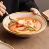 Tigela de Sopa Rústica com Padrão de Linhas Esmaltadas Feita na Fábrica, Tigela de Macarrão de Cerâmica, Tigela de Arroz Bonita e Atraente, Tigela Grande para Uso Pessoal