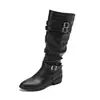 Botas Longas de Couro Preto Estilo Europeu para Mulheres Salto Grosso Fivela Altas até o Joelho Botas de Cavaleiro Botas Retrô com Salto Bloco Afuniladas Botas Martin